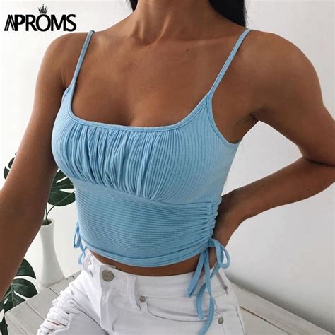 Aproms Solid Color Ribbed Basic Camis Women Sexy Side Drawstring Ruched