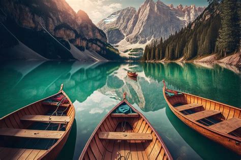 Premium Ai Image Boats On The Braies Lake Pragser Wildsee In