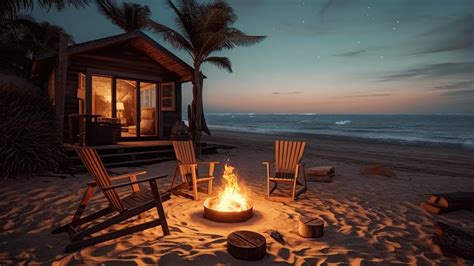 Cozy Beach House In Summer Night Ambience With Campfire Crickets