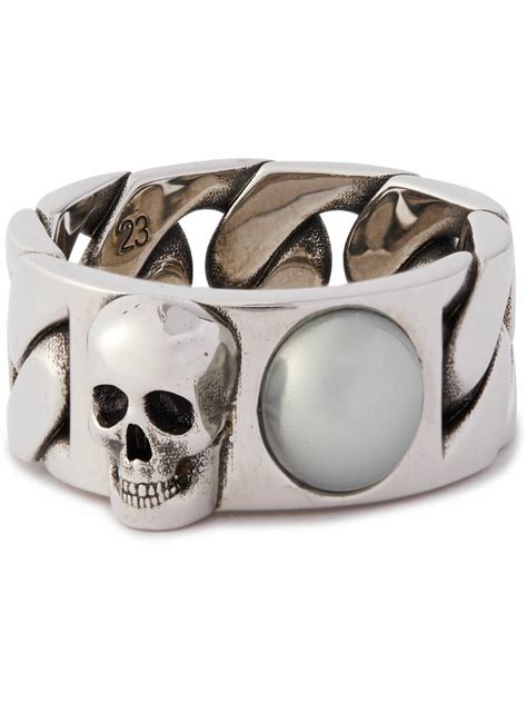 Alexander McQueen Skull Burnished Silver Tone Faux Pearl Ring