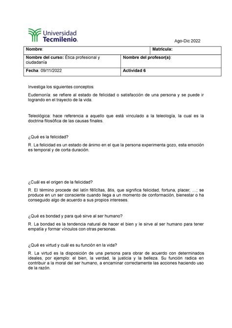 Actividad 6 Ética Ago Dic 2022 Nombre Matrícula Nombre del curso