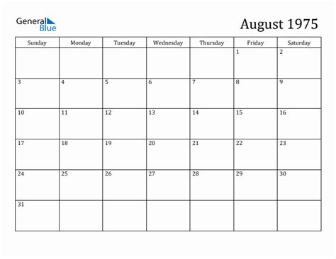 August 1975 Monthly Calendar