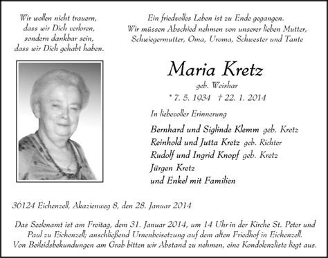 Traueranzeigen Von Maria Kretz Trauer36 De