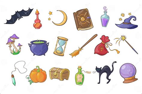 Halloween Magic Signs Set Wizard Hat Magic Book Potion Broom Crystal Ball Chest Hourglass