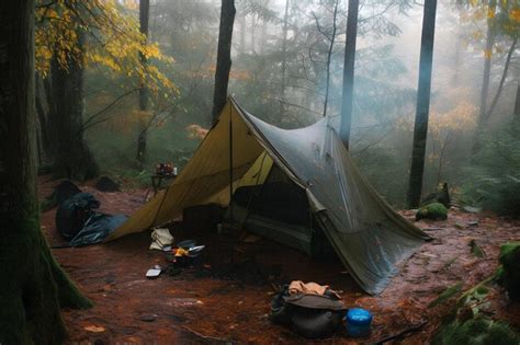 Tente Bushcraft Sous La B Che Sous Une Pluie Battante Embrassant Le