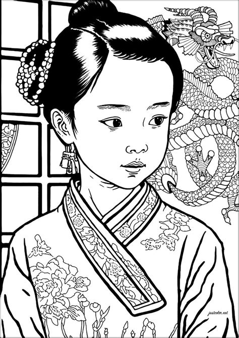 Chinese girl and dragon - Free coloring page | Adult coloring pages ...