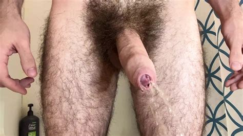 Very Hairy Uncut Dick Spraying Piss In The Shower Until It Gets Hard