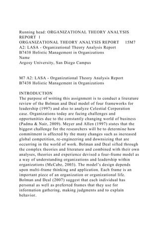 Running Head ORGANIZATIONAL THEORY ANALYSIS REPORT1ORGANIZATIO Docx