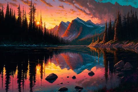 Una Pintura De Un Lago De Monta A Con Una Puesta De Sol De Fondo