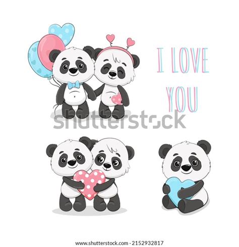 Two Cute Cartoon Pandas Balloons Hearts เวกเตอร์สต็อก ปลอดค่า