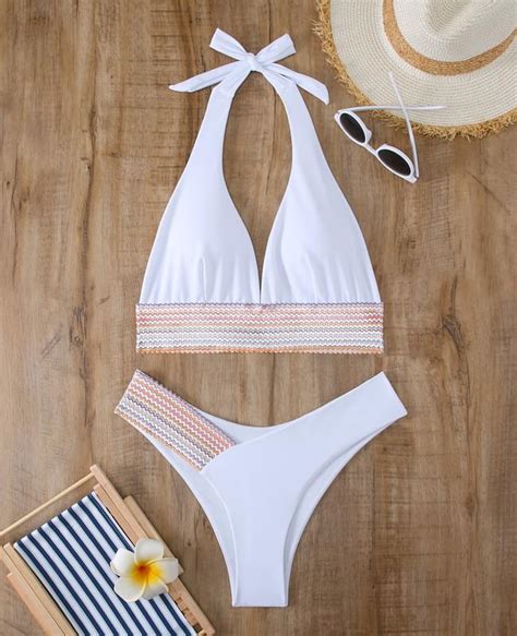 Plain White Halter Bikini Top Two Piece Bathing Suits For Women