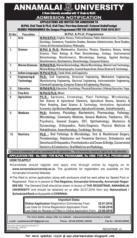 Admission Notification For M Phil Ph D Programmes Annamalai