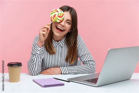 Positive Brunette Woman Employee Having Fun Closing Eye With Big
