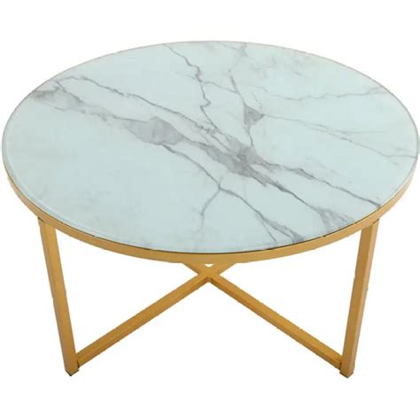 Cross Legs Glass Coffee Table With Metal Base Marble White Top And