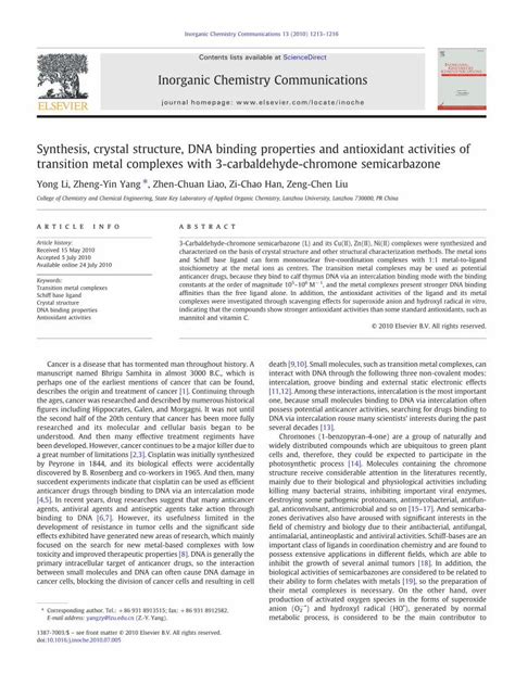 (PDF) Synthesis, crystal structure, DNA binding properties and ...