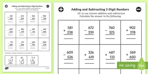 Adding And Subtracting 3 Digit Numbers In A Column Mixed Worksheet Grade 3