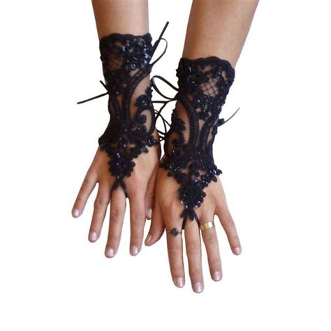 Beaded Goth Gothic Lace Black Wedding Gloves Party Gloves Bridal