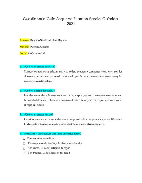 Cuestionario Guía Segundo Examen Parcial Química Cuestionario Guía