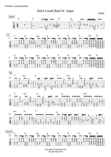 Oasis Don T Look Back In Anger Full Song Guitar Tab By Learning Guitar Sheet Music