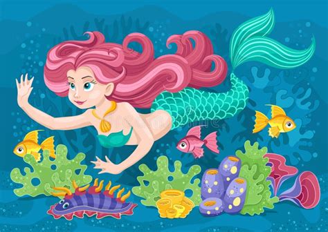 Mermaid Fairy Tale Vector Underwater World Illustration Stock Vector