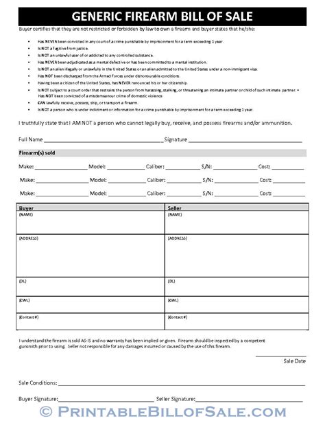 Firearm Bill Of Sale Template