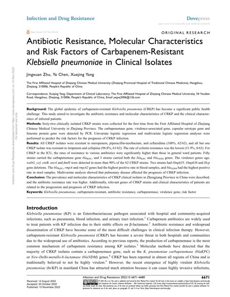 Pdf Antibiotic Resistance Molecular Characteristics And Risk Factors