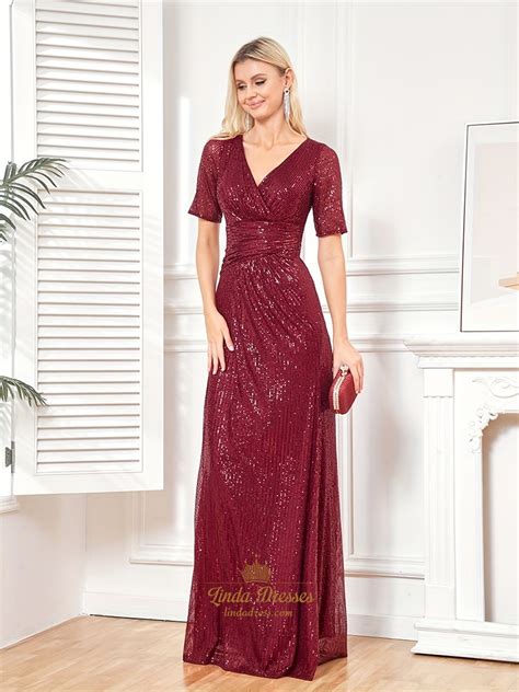 Burgundy Surplice Neck Sequin Bridesmaid Dress Elegant Short Sleeve Dress For Wedding Party