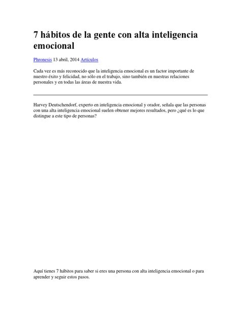 7 Hábitos De La Gente Con Alta Inteligencia Emocional Pdf Inteligencia Emocional Las Emociones