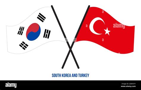 South Korea And Turkey Flags Crossed And Waving Flat Style Official