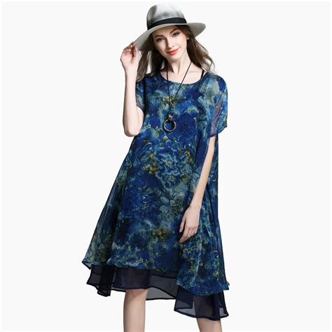 Loose Long Floral Printed Chiffon Dress Short Sleeve Summer Layered