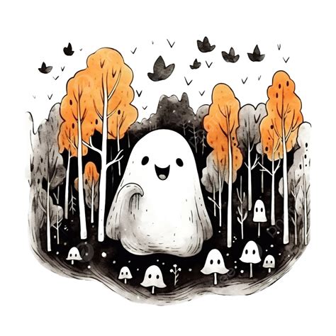 Funny Doodle Ghost In Autumn Forest Cheerful Halloween Pumpkin