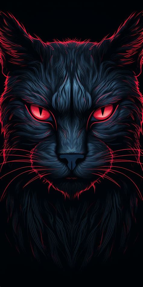 A Black Cat With Red Eyes On A Dark Background