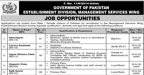 Govt Of Pakistan Cabinet Secretariat Establishment Division Jobs