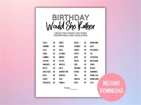 Birthday Would She Rather Printable Party Game For Her Adult Birthday