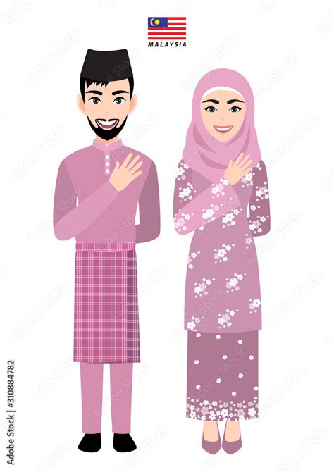 Couple Cartoon Characters Malaysia Traditional Costume Vetor Stock