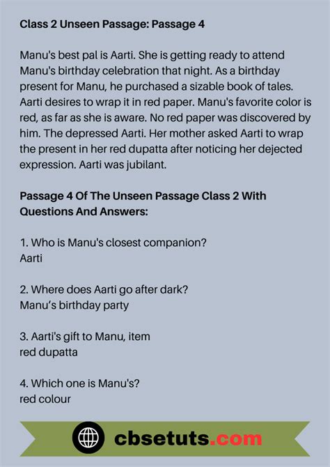 Unseen Passage For Class 2 With Questions And Answers Cbse Tuts