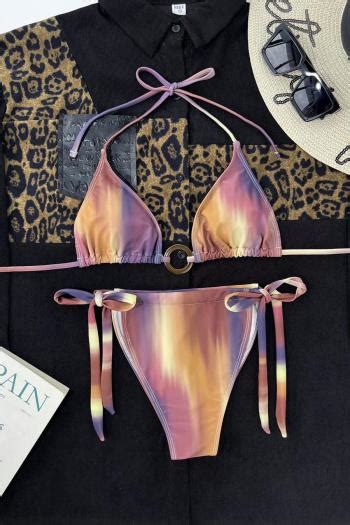 Wholesale Sexy Tie Dye Padded Ring Linked Halter Neck Self Tie Triangle Bikini Set BA