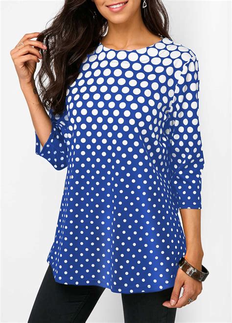 Three Quarter Sleeve Polka Dot Blue Blouse Polka Sleeve Quarter