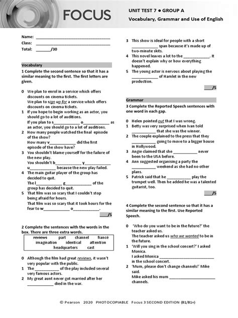 Unit Test 7 Group A Vocabulary, Grammar and Use of English | PDF 