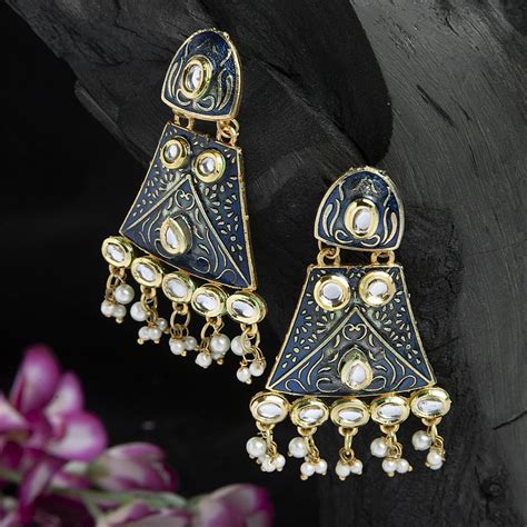 Moedbuille Kundan Studded Handpainted Blue Meenakari Design Gold Plated