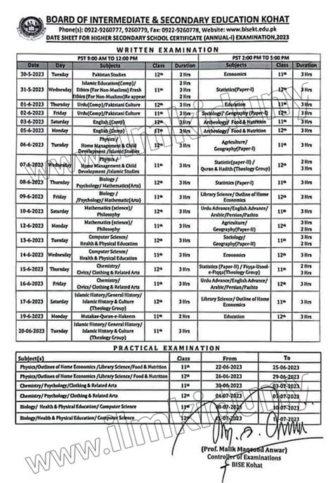 Bise Kohat Board 11th Class Date Sheet 2025