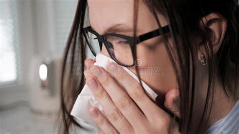 Girl Blows Her Nose Attractive Caucasian Woman Blows Her Nose In Handkerchief And Looks At