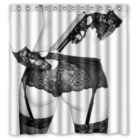 Bikini Clad Sexy Women Gun Custom Design Bath Bathroom Curtains Waterproof Shower Curtain Size