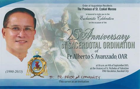 Invitation 25th Anniversary Of Sacerdotal Ordination Of Fr Alberto