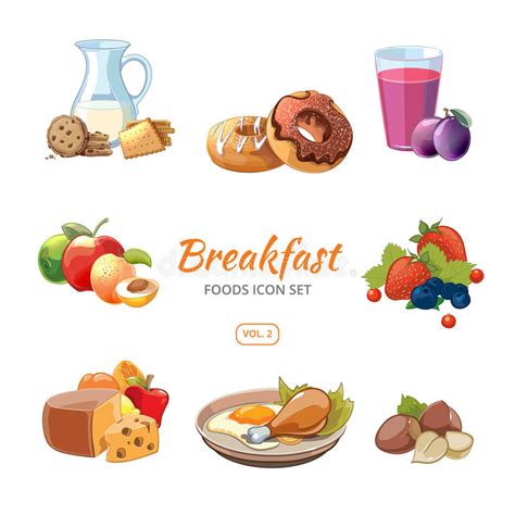 Iconos Del Vector De La Comida De Desayuno De La Historieta Fijados