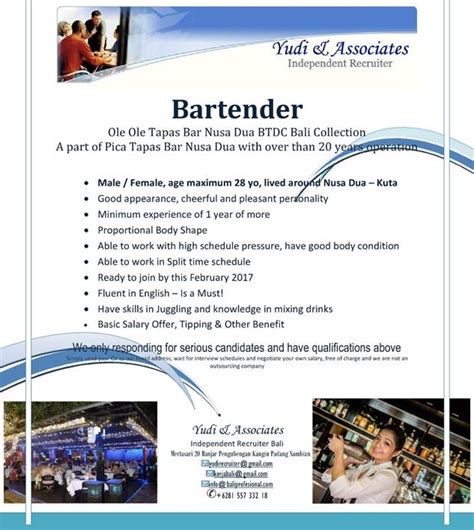 Bali Job Vacancy Hhrmabali HHRMA Bali Bartender Waitress Nusa