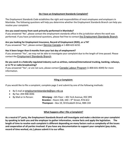 Manitoba Canada Employment Standards Complaint Form English French