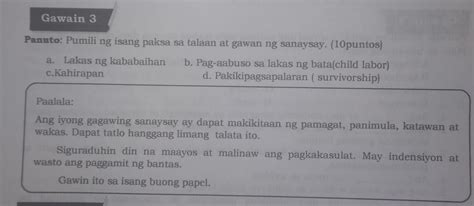 Gawain Panuto Pumili Ng Isang Paksa Sa Talaan At Gawan Ng Sanaysay