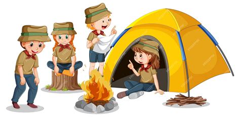 Premium Vector Camping Kids In Cartoon Style