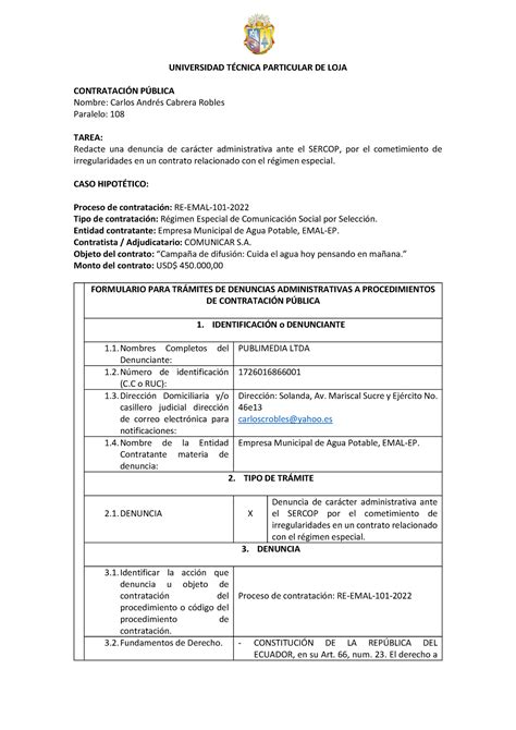 Denuncia Contratación Pública Sercop UNIVERSIDAD TÉCNICA PARTICULAR